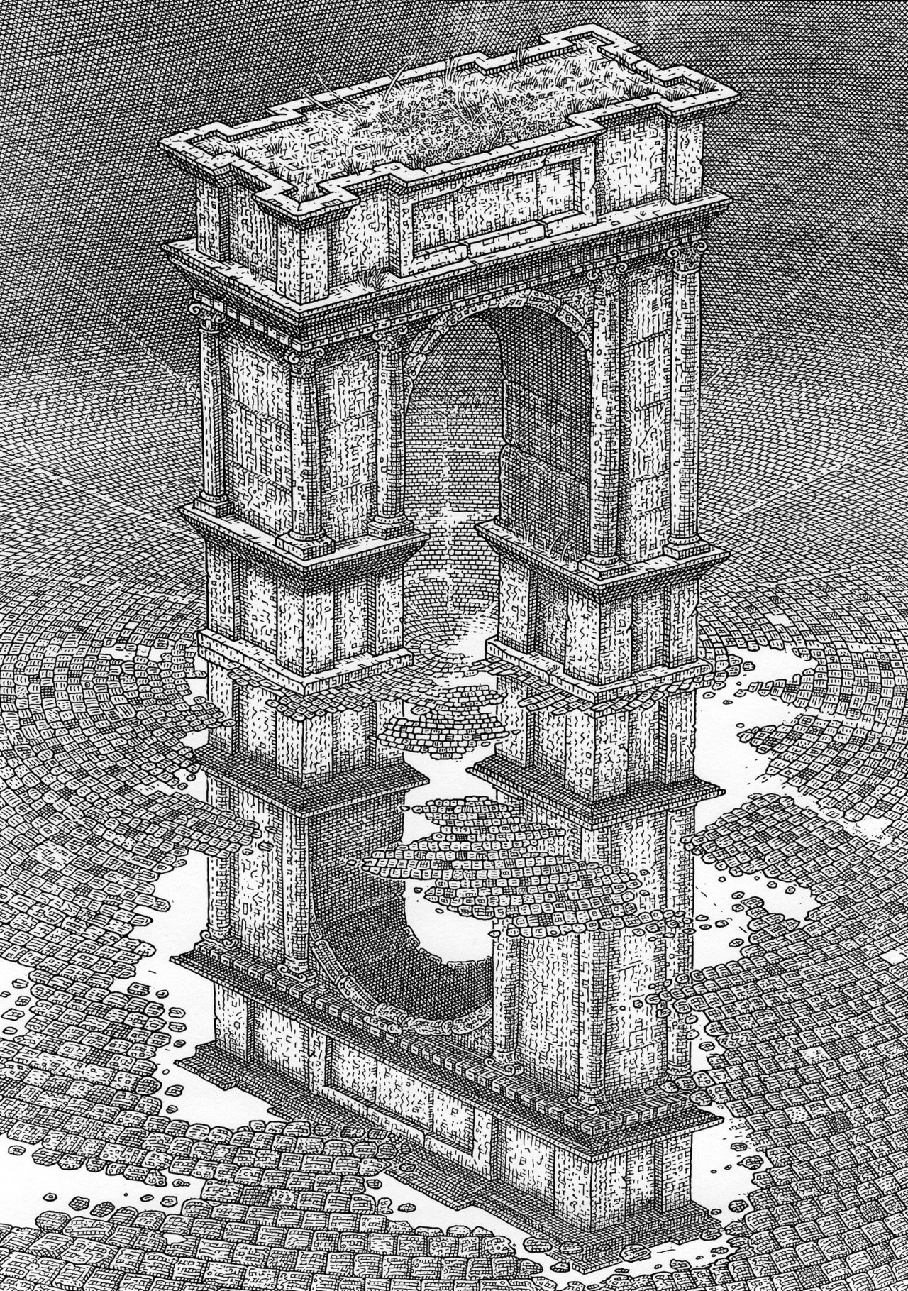 István Orosz — Triumphal Arch II (etching, 1996)