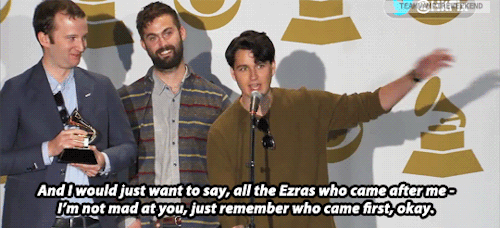 teamvampireweekend:Random moments of 2014 »> Vampire Weekend in the Grammy press room after winning the Best Alternative Music Album award for ‘Modern Vampires of the City’ at the 56th GRAMMY Awards 