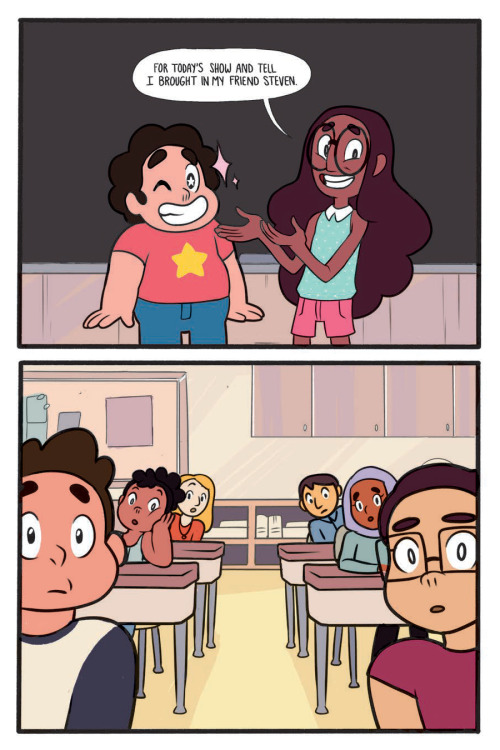 kaboomcomics:  STEVEN UNIVERSE: TOO COOL FOR SCHOOL OGNThe Deets: Schoolboy Steven, activate! Steven finds himself enrolled in Connie’s school after a show-and-tell lesson goes awry…and things just get crazier from there! Steven is having a hard time