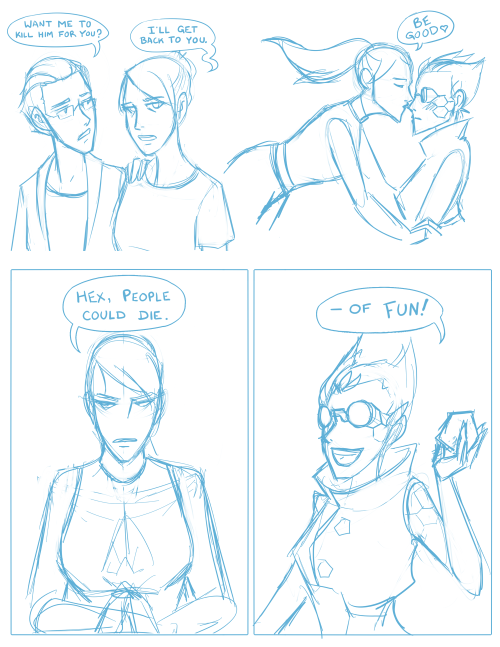 Another round of Superhero x Supervillain doodles, featuring some cute dating-your-nemesis moments, 