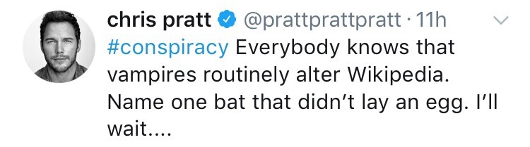 smolbean-17: Chris Pratt arguing with random people on Twitter about bats is my favorite