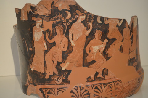 national-archaeological-museum:Fragment of a calyx krater:Apollo holding a branch and Rhadamanthys (