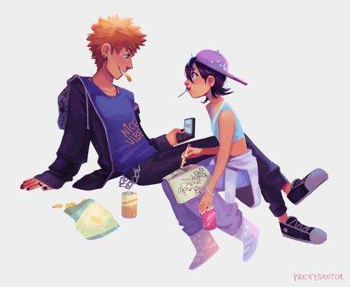 a commissioned painting of ichigo and rukia from my breakdance au! ♡