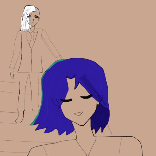 A sketch of a pair of OCs walking down some stairs. A broody-looking Raj staring down at Antonio. Raj has long silver hair, cold silver eyes, a frown, and wears a suit. Antonio has blue hair like waves, aquamarine highlight and streaks, closed eyes, a smile, and is much closer. The background is beige.