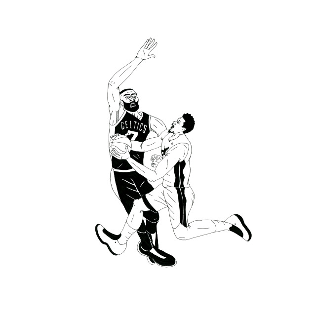 Illustration of Jaylen Brown of the Boston Celtics guarding Kyle Lowry of the Miami Heat as he glides to the hoop.