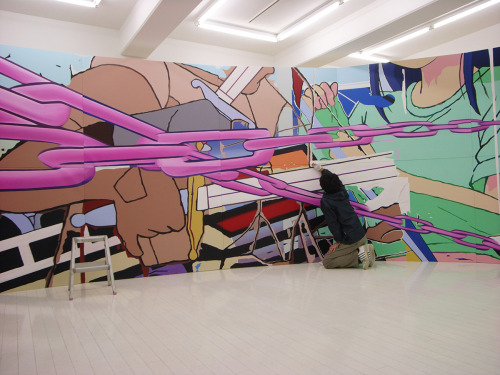 Japanese artist Tomoki Kurokawa working on his large scale painting &ldquo;Sirius&rdquo; at 