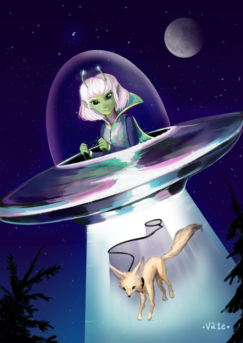 My last draw for my own challengeAlien- day 17- My oc Hana Yoruno as an Alien with her Fenec pet, Ch