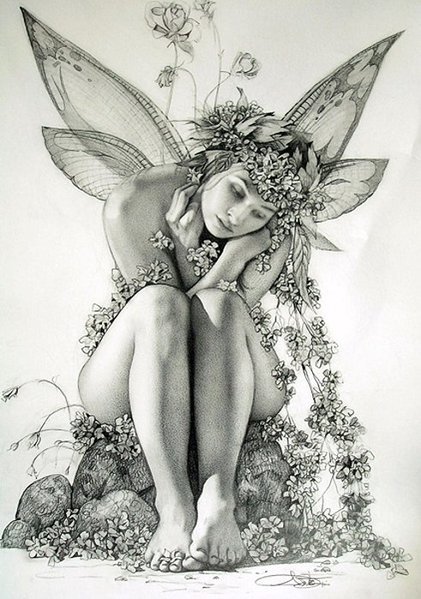 slow-deep-hard:  Arantza Sestayo • Traditional Arts, pencil. Black & white fairies.