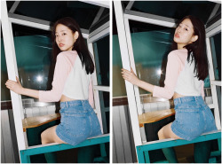 americanapparel:  Juyeon in the Cropped &frac34; Sleeve Raglan &amp; High-Waist Jean Cuff Short. Seoul, January 2015.