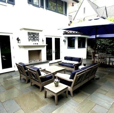 Natural Stone Pavers - Traditional PatioPicture Of A Sizable, Elegant Backyard Stone Patio With A Fire