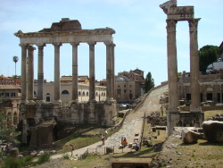 “He therefore made the temple of Saturn a treasury, as it is to this day, and gave the people the privilege of appointing two young men as quaestors, or treasurers.” (Plutarch Publicola 12.2)  The ancient Roman temple of Saturn of the Forum Romanum. The