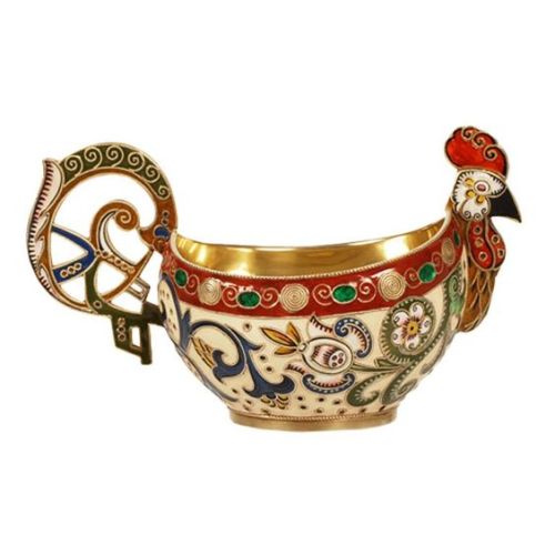 treasures-and-beauty:  A Russian gilded silver and shaded cloisonné enamel rooster kovsh, Feodor Ru