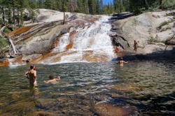 naturalswimmingspirit:  To return to the PCT/JMT, we went up Cascade Valley with many waterfalls and swim holes along the way.  Here, Taun Taun prepares to go down the  water slide.Blog from kevinhaasphoto