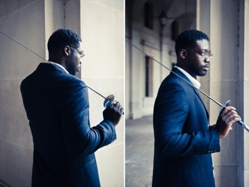 modernfencing: [ID: several photos of a man in a suit, holding a foil.] James McBean!