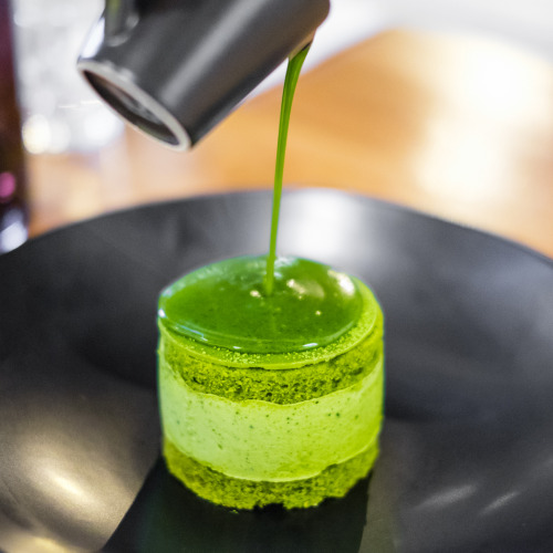 dessertp0rn:Five textures of matcha cake - hot matcha sauce, matcha sponge, tempered matcha chocolat