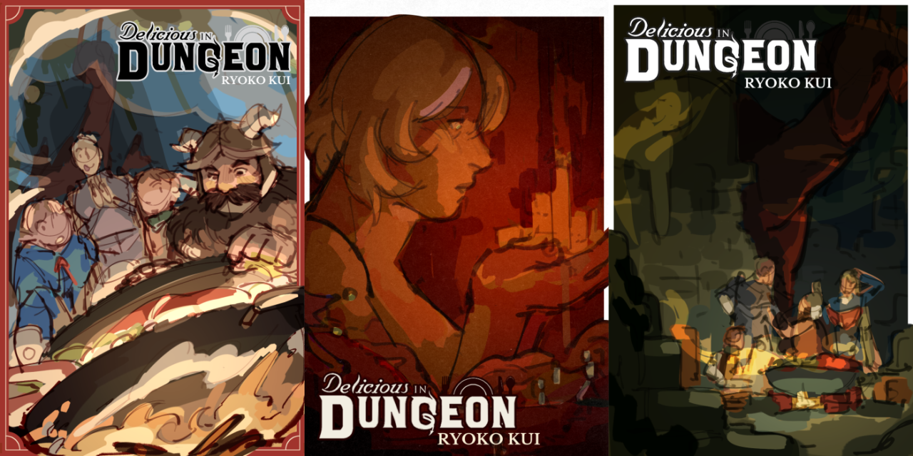 Three digital WIP of book covers for Delicious in Dungeon (Dungeon Meshi) each in a different mood and style.