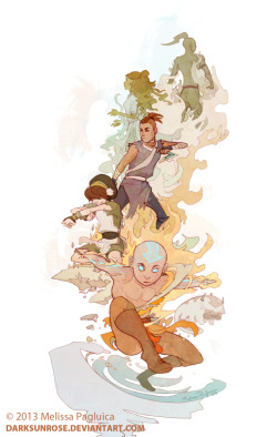 darksunrose:  Aang and the group - tribute by *DarkSunRose Fanart piece created for the upcoming convention, AOD, in San Francisco. I’ll be at Hotel Kabuki in artist alley, stop by and say hello! 