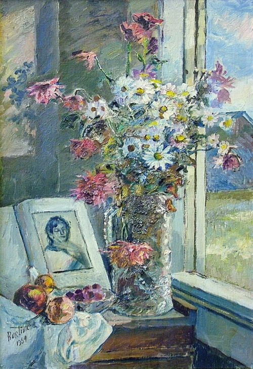 david-burliuk: Vase with flowers and book by the window, 1954, David Burliuk Medium: oil,canvas