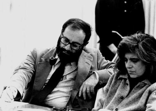 barcarole:Umberto Eco and Susan Sontag listening to a talk by Roland Barthes, 1970s.