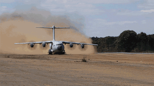 aviationgifs:Airbus A400M Unpaved Runway Operations