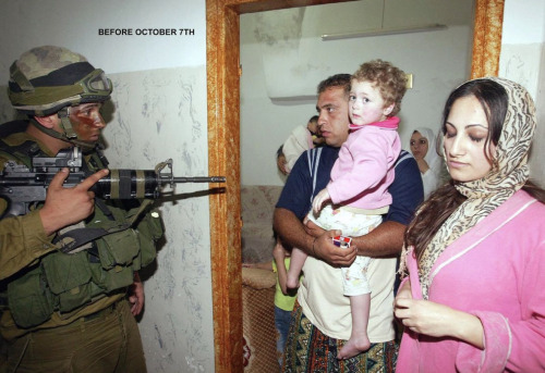 A father holds his baby girl in his arms. Around him are other people. A soldier holds a gun against the little girl and her father. Text reads: BEFORE OCTOBER 7TH