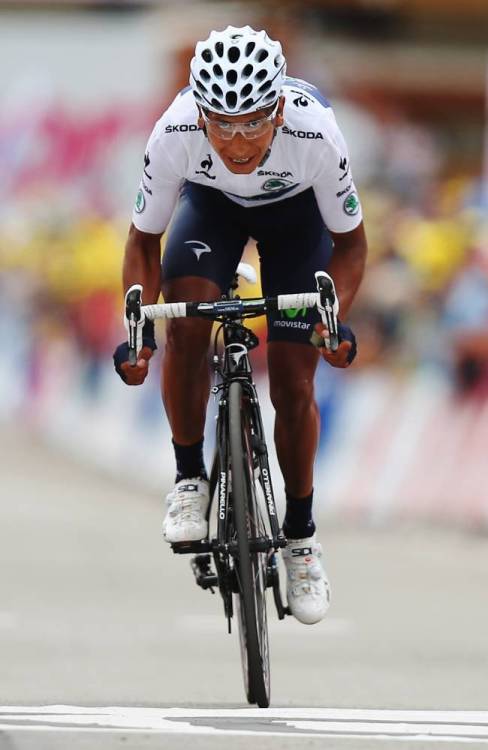 fuckyeahcycling: ALPE D’HUEZ, FRANCE - JULY 18: Nairo Quintana of Colombia and Movistar Team crosses