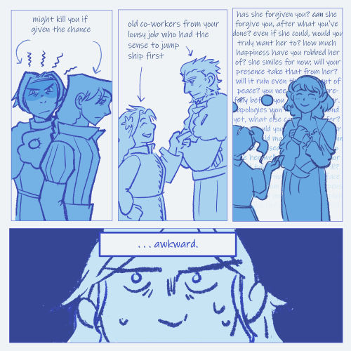 A set of comic panels showing Roland and Hughette (labeled "might kill you if given the chance"), Groma and Flanagan (labeled "old co-workers from your lousy job who had the sense to jump ship before you"), and Cordelia and Piccoletta (which is labeled "Has she forgiven you? CAN she forgive you, after what you've done?" and has a lot more text that quickly fades. The next panel has Avlora looking even more uncomfortable with a text box that reads "...awkward."