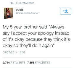 mazarinedrake:purpleshehulk:prussianinamerica: I had a teacher who refused to let any of us say “its okay” because of this exact reason.  It has taken me years to learn that it’s also okay to say “Thank you.” when someone apologizes.It is perfectly