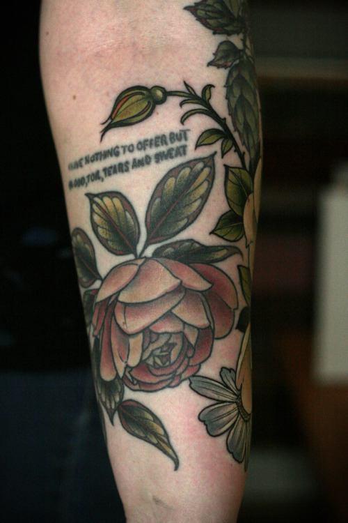 Wrapping yellow roses and cosmos and a healed dusty pink rose for Chella. Full shots of her arm next