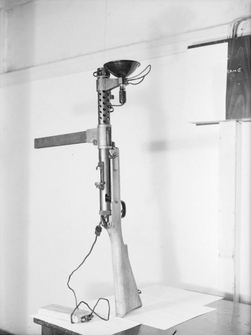 British Lanchester submachine gun with experimental tactical light, World War II.
