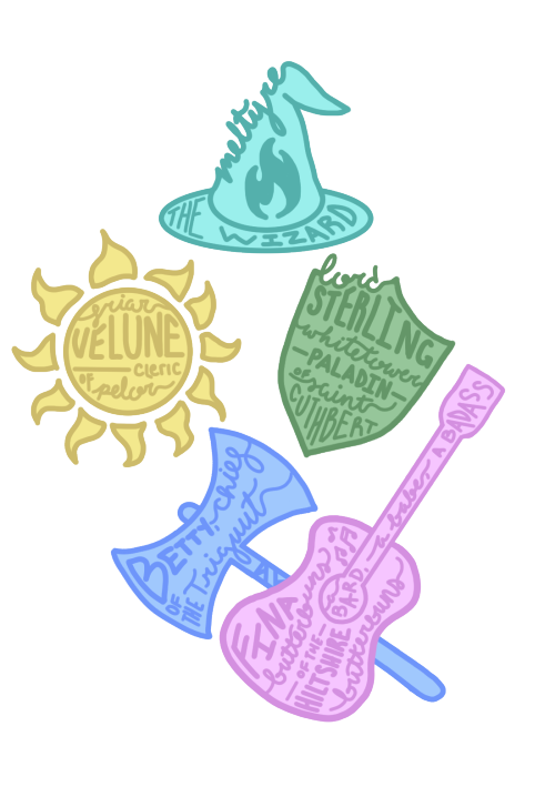stone-stars:our heroes! [id: a teal wizards hat that says “meltyre the wizard,” a yellow sun that sa