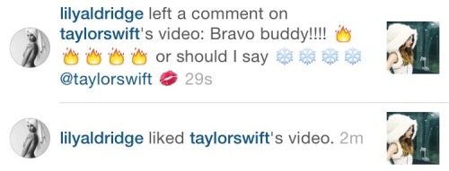 taylormermaidcat:Lily Aldridge commented and liked Taylor’s Bad Blood video on Instagram!!!! ❄️