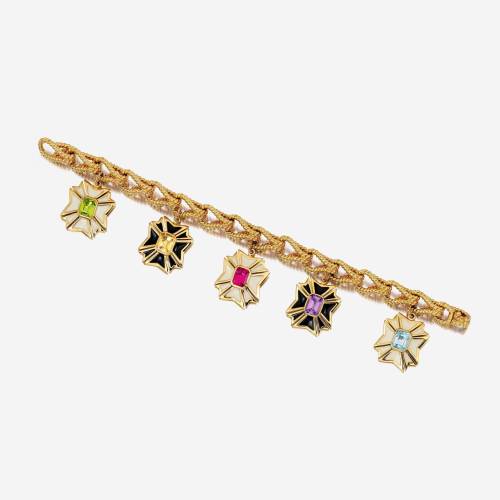 A gem-set, enamel, and eighteen karat gold charm bracelet with five white or black enameled Maltese 