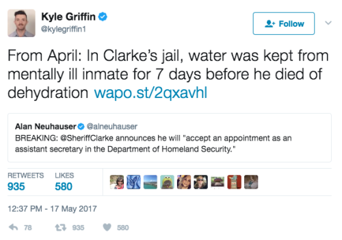 mediamattersforamerica:Trump just tapped Fox favorite David Clarke for a federal position in the Dept. of Homeland Security. Meanwhile, people are dying in his jails and he’s nowhere to be found.