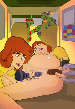 channeldulce:All Characters portrayed are age 18+-Using the same technology that brought Krang from his dimension,  Donetello configured the machine to bring a younger 18 year old April  O'niel! Slipping a horny drug in their pizza, ralph and Don enjoy