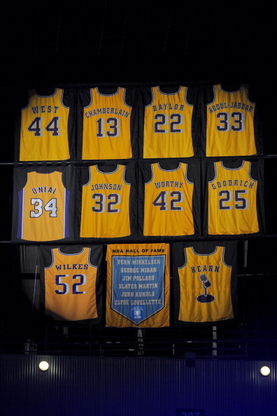 thelakersshowtime:  One of the most exclusive fraternities in all of sports! Of course, Kobe will join them soon (the only question is whether it’s gonna be #8 or #24 - or both), and I also think Pau Gasol’s #16 deserves a spot (his contribution to