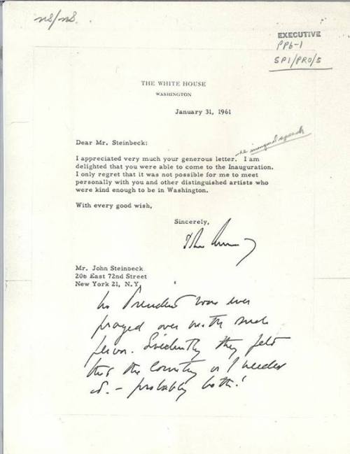 John Steinbeck won the Pulitzer Prize for “The Grapes of Wrath” on this day, May 6, 1940.
Here is a a personal letter from President Kennedy to John Steinbeck. President Kennedy is responding to a thank you letter from Steinbeck, who attended JFK’s...