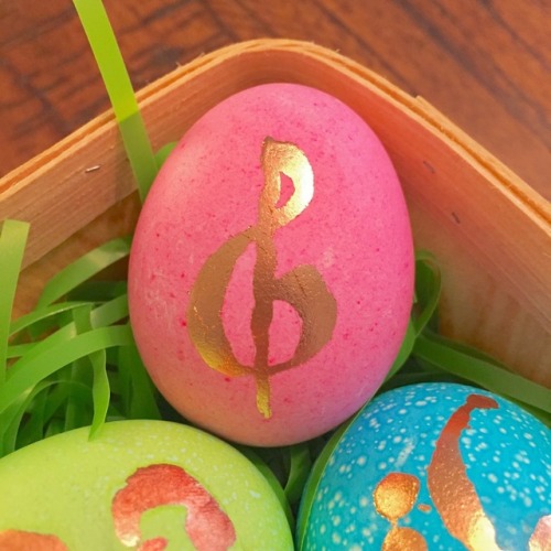 Music Easter eggs with copper leaf. Bass clef. Alto clef. Treble clef. 