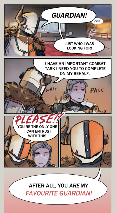A little comic inspired by one of my favourite lore entries lol. I like to think Shaxx got stuck wit