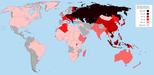 thelandofmaps:World War 2 deaths as a percentage of each nation’s population [4499x2185] [OC]CLICK H