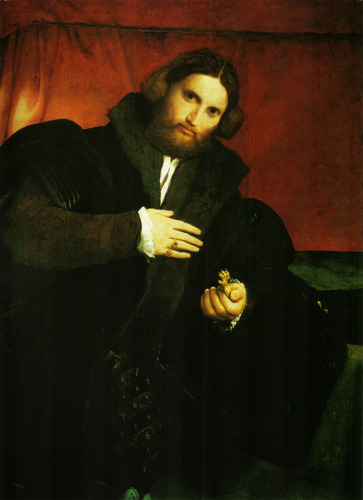Portrait of a gentleman with lion paw, 1527, Lorenzo LottoMedium: oil,canvas
