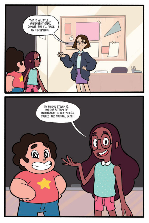 kaboomcomics:  STEVEN UNIVERSE: TOO COOL FOR SCHOOL OGNThe Deets: Schoolboy Steven, activate! Steven finds himself enrolled in Connie’s school after a show-and-tell lesson goes awry…and things just get crazier from there! Steven is having a hard time