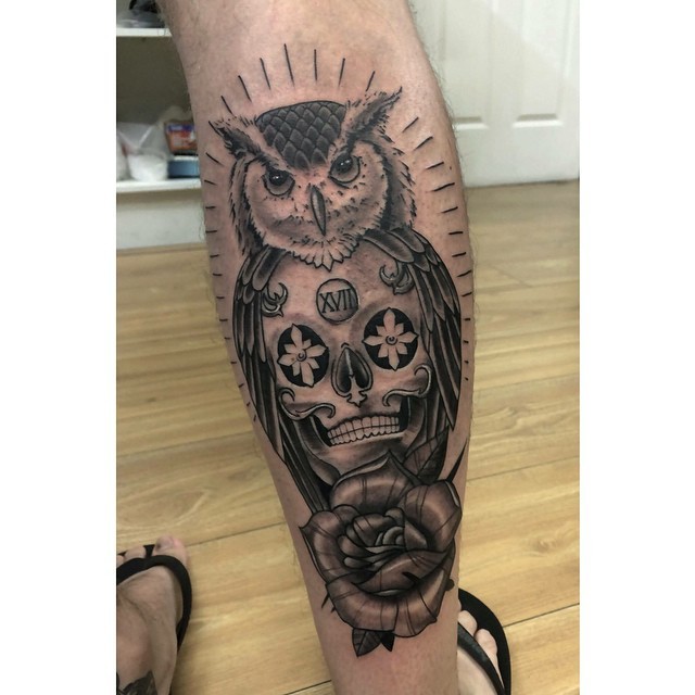 A Owl a Skull and a Rose displayed in Black  Grey Realistic Tattoo Work  tattoos tattooart tattooer tat  Owl tattoo design Skull sleeve tattoos  Owl tattoo