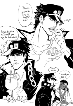 herzspalter:  There’s this panel in the last Oingo Boingo chapter where Jotaro very intensely eats an orange and ever since then I just assumed he really appreciates good food and drinks from his friends and expresses his joy with a look that could