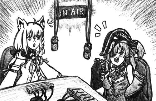 Inktober 4: RadioFeaturing Skirakami Fubuki and Houshou Marine from HololiveCap’n and fox on air.