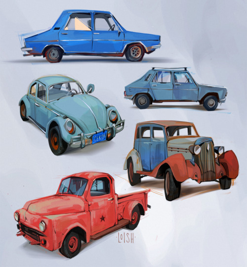 loish:Went out of my comfort zone to draw some car studies! I’m so used to drawing characters that I had to resist the urge to add eyelashes and give them names like “Suzie the little blue coupe.” 