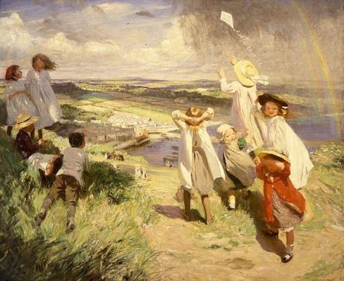 Flying a Kite [On a hill overlooking Newlyn Harbour, Cornwall] (1910) by Laura Knight (England, 1877