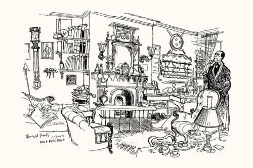 granada-brett-crumbs:“A reconstruction of the living-room at 221B Baker Street” by Ronald Searle. Fr