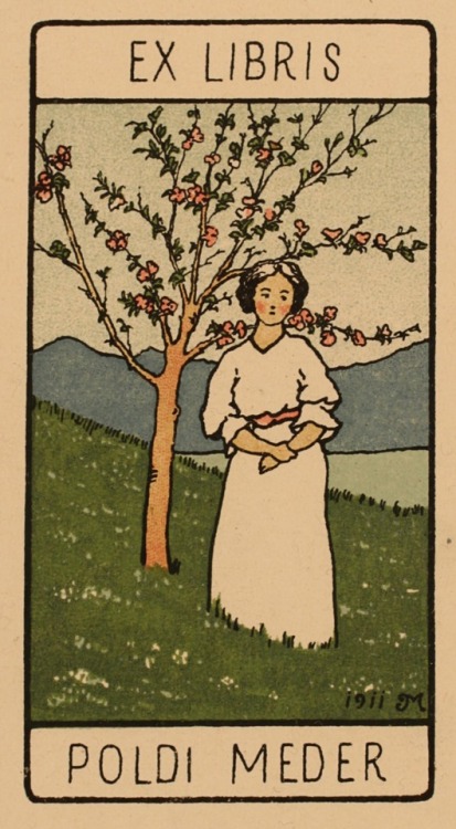 books0977:Poldi Meder bookplate (1911). Artist: J Meder. A young woman standing in the grass near a 