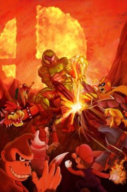 giru3d: My interpretation of the DOOM boxart if Doom Guy was in Smash Bros Ultimate :D
